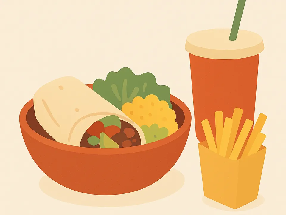 Illustration of a balanced fast-food style meal with a burrito, fries, and a drink